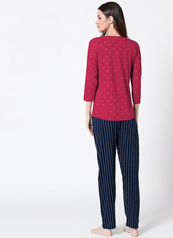 Zeyo Women Red & Navy Blue Printed Night Suit - Image 5