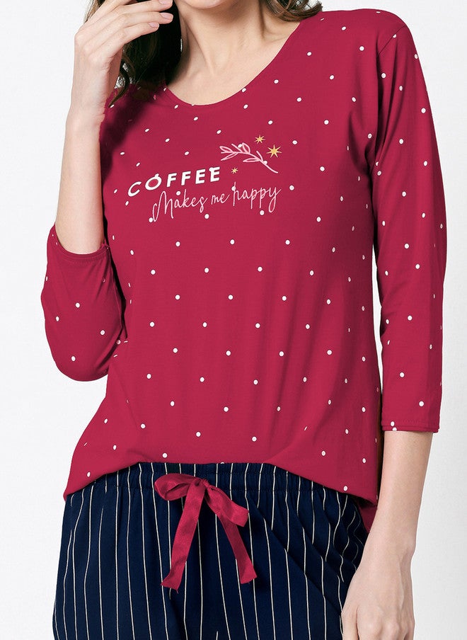 Zeyo Women Red & Navy Blue Printed Night Suit - Image 3