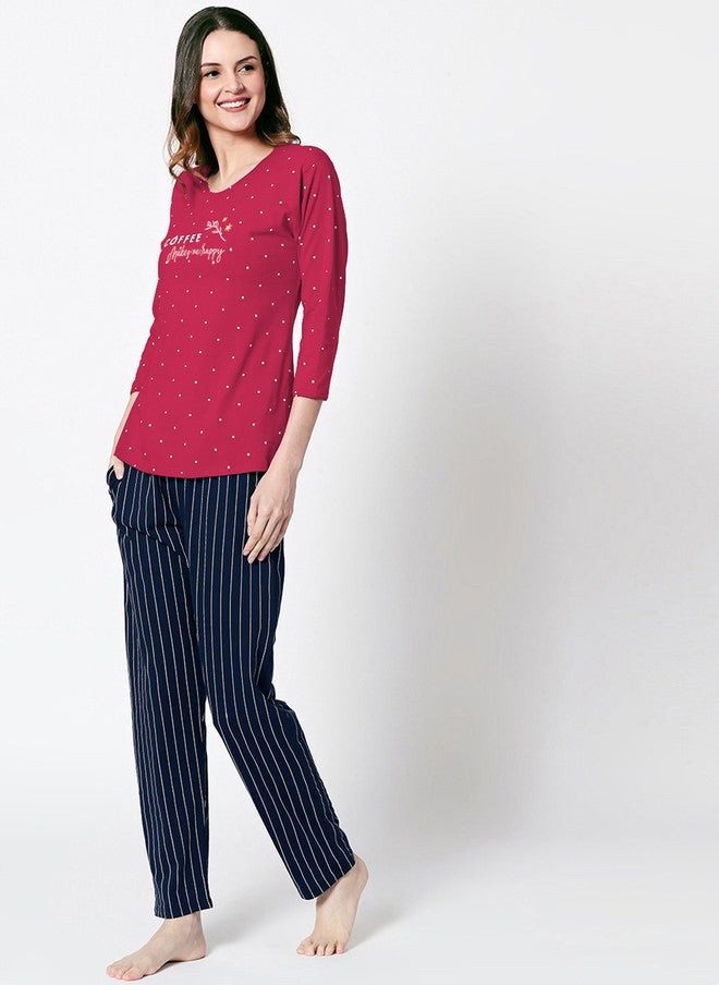 Zeyo Women Red & Navy Blue Printed Night Suit - Image 4