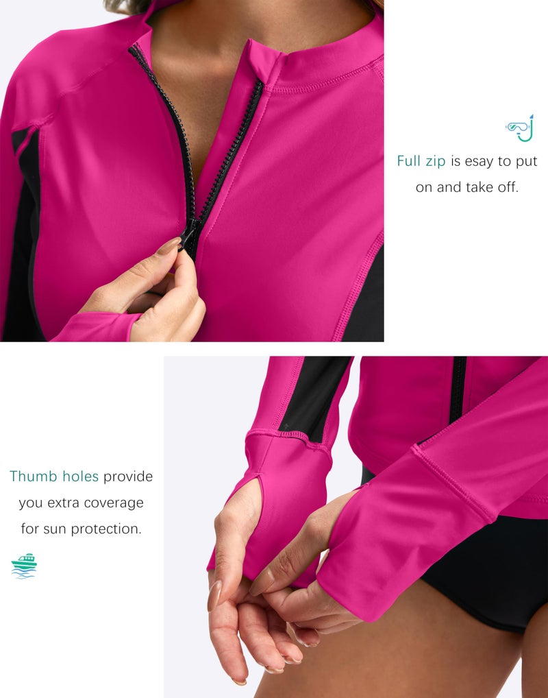 SANTINY Women's Rash Guard Zipper Pockets UPF50+ Sun Protection Long Sleeve Swimsuit Top Zip Front Swim Shirt for Women (Rose_M) - Image 5