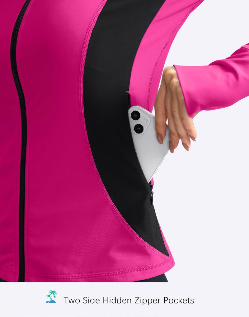 SANTINY Women's Rash Guard Zipper Pockets UPF50+ Sun Protection Long Sleeve Swimsuit Top Zip Front Swim Shirt for Women (Rose_M) - Image 4