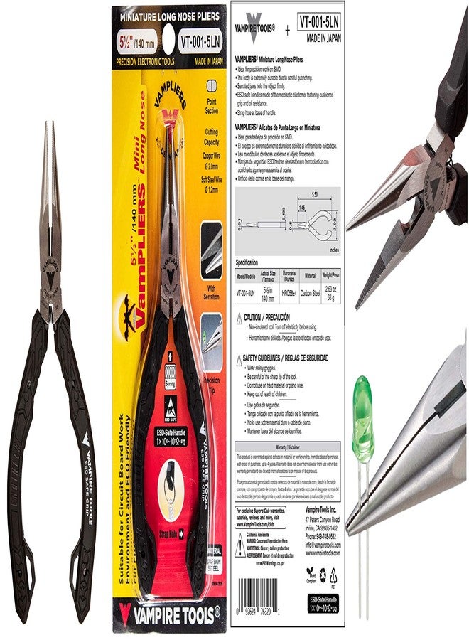 VAMPLIERS 5.5" Mini Precision Long Nose Pliers. Made in Japan. Needle Tip, Serrated Jaws, Wire Cutter & ESD Safe Grip. For Precision Work on PCB/SMD Electronics & PC Components/Electronic Repairs. - Image 2