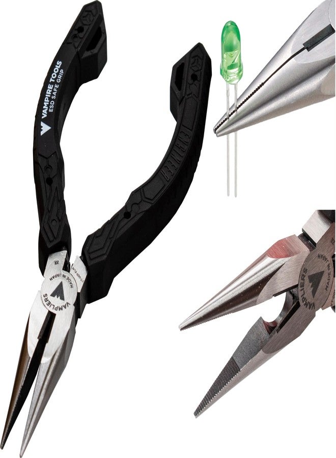 VAMPLIERS 5.5" Mini Precision Long Nose Pliers. Made in Japan. Needle Tip, Serrated Jaws, Wire Cutter & ESD Safe Grip. For Precision Work on PCB/SMD Electronics & PC Components/Electronic Repairs. - Image 1