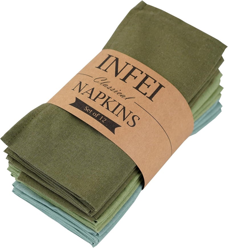 INFEI Solid Color Linen Blended Thin Dinner Cloth Napkins - Set of 12 (40 x 40 cm) - for Events & Home Use (Multi Green) - Image 1