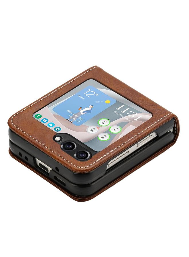 اس-توب جراب لهاتف Samsung Galaxy Z Flip5 مصنوع من جلد العجل بلون سادة قابل للطي - Image 5