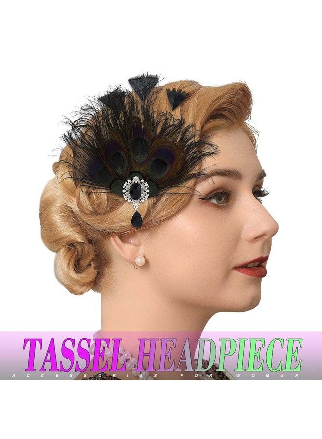 GENBREE 1920S Flapper Feather Hair Clip Black Peacock Headpiece Rhinestone Feather Hairband Prom Party Roaring 20S Hair Accessories For Women  - Image 2