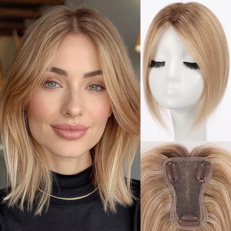 starluck Real Human Hair Toppers for Women 10 Inch Human Hair Topper no Bangs, 3 * 4.5 inches Swiss Base Suitable for ThinningHair Cover Grey Roots(ombre Ash Blonde) - Image 1