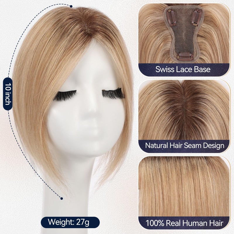 starluck Real Human Hair Toppers for Women 10 Inch Human Hair Topper no Bangs, 3 * 4.5 inches Swiss Base Suitable for ThinningHair Cover Grey Roots(ombre Ash Blonde) - Image 2