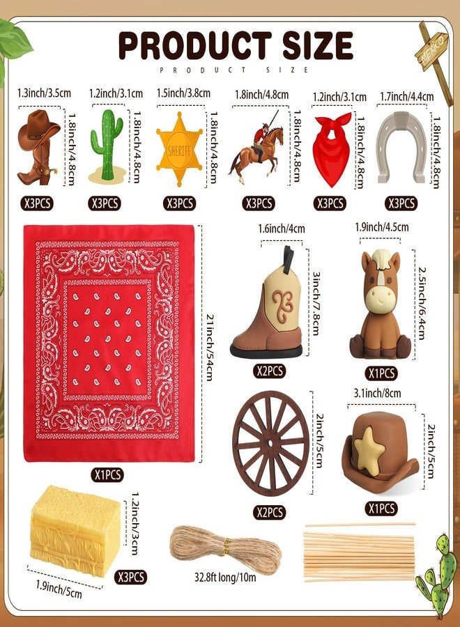 RoundFunny 28 Pcs Cowboy Cake Decorations with Brown Cowboy Hat and Boot Horse Toy Cake Topper Paisley Bandana Hay Bales Wheel Cupcake Toppers for Western Theme Birthday Shower Party - Image 2