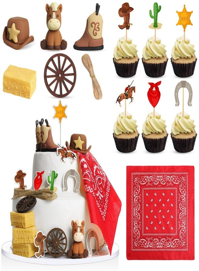 RoundFunny 28 Pcs Cowboy Cake Decorations with Brown Cowboy Hat and Boot Horse Toy Cake Topper Paisley Bandana Hay Bales Wheel Cupcake Toppers for Western Theme Birthday Shower Party - Image 1