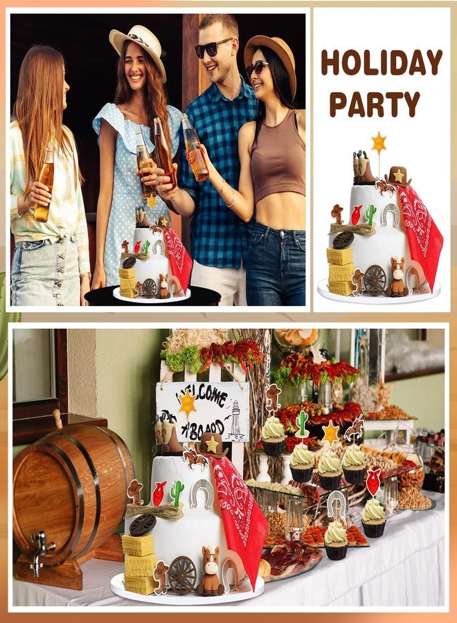 RoundFunny 28 Pcs Cowboy Cake Decorations with Brown Cowboy Hat and Boot Horse Toy Cake Topper Paisley Bandana Hay Bales Wheel Cupcake Toppers for Western Theme Birthday Shower Party - Image 4
