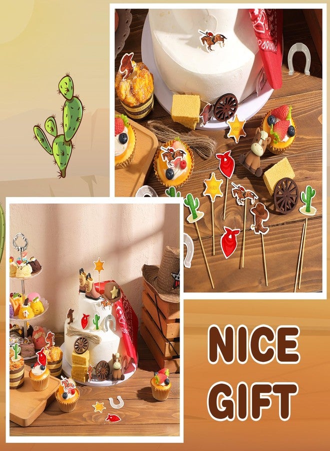 RoundFunny 28 Pcs Cowboy Cake Decorations with Brown Cowboy Hat and Boot Horse Toy Cake Topper Paisley Bandana Hay Bales Wheel Cupcake Toppers for Western Theme Birthday Shower Party - Image 3