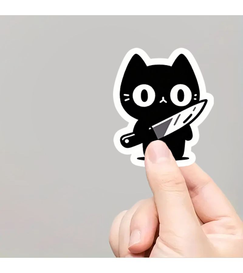 Black Cat With Knife Motivational Sticker 1pc Waterproof Scratch Resistant For Laptop Car Toolbox - Image 1