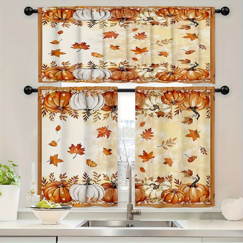 3 Pcs Autumn Pumpkin Leaf Kitchen Curtains Fall Decoration Cozy Home Style 01 - Image 1