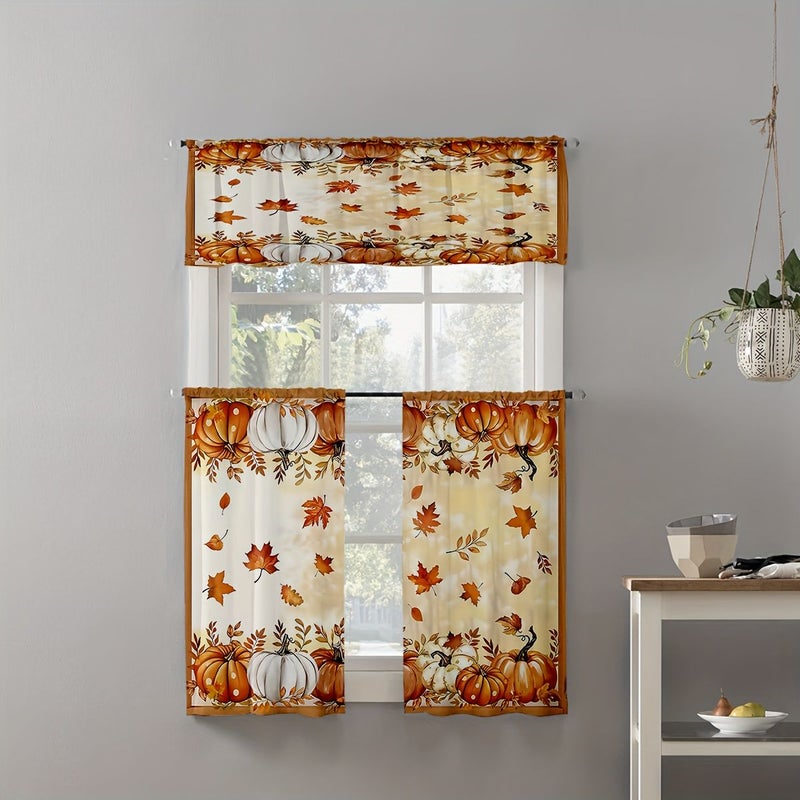 3 Pcs Autumn Pumpkin Leaf Kitchen Curtains Fall Decoration Cozy Home Style 01 - Image 2