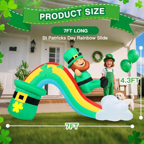 Aotiooy 7 FT Long St Patricks Day Inflatable Outdoor Decorations Blow Up St Patricks Day Leprechaun Sliding Down Rainbow Yard Decor Builtin LED Lights Patrick Holiday Decoration for Outside Lawn Garden - Image 3