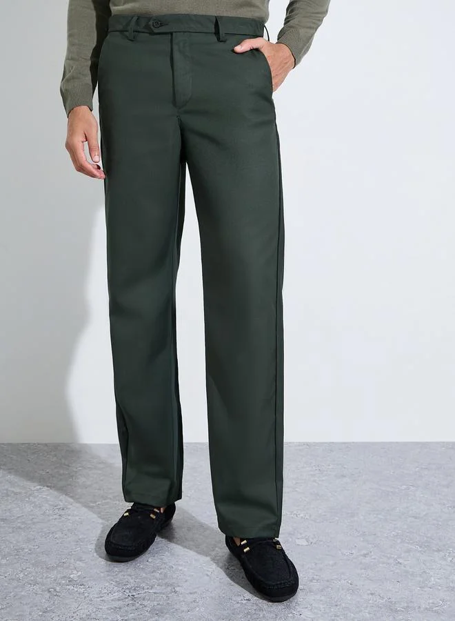 Dark Green Solid Regular Fit Formal Trousers