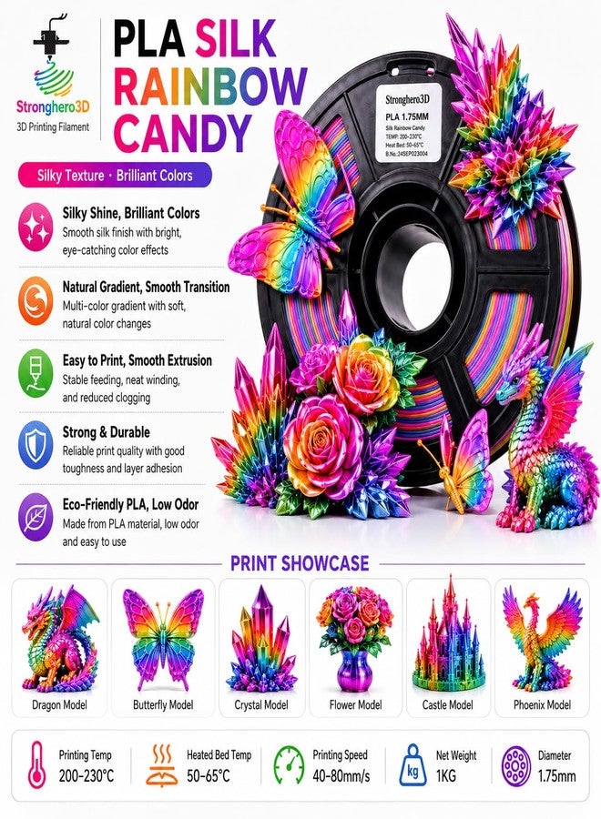 Stronghero3D Silk PLA 3D Printer Filament 1.75mm,Candy Silk Rainbow,Multi Color 3D Printing Filament,Color Change Filament for Most 3D Printer,Net Weight 1kg(2.2lbs) Accuracy +/-0.05mm - Image 2