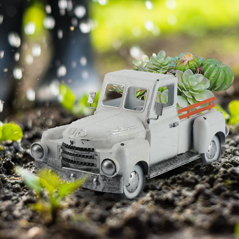 Fjjbsd Farmhouse White Truck Decor  Vintage Metal Truck Decor Rustic Outdoor/Indoor Pickup Truck Planter Decorative Tabletop Storage  Farm Table Trucks Decor  Car Model Gift - Image 3