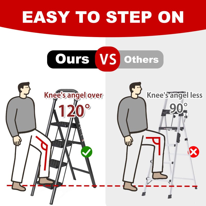 JaxSteam 3 Step Ladder with Handrails and Anti-Slip Wide Pedal 330lbs Capacity Lightweight Folding Step Stool for Home Kitchen Office(Black-F, 3-Step with Handrail) - Image 4