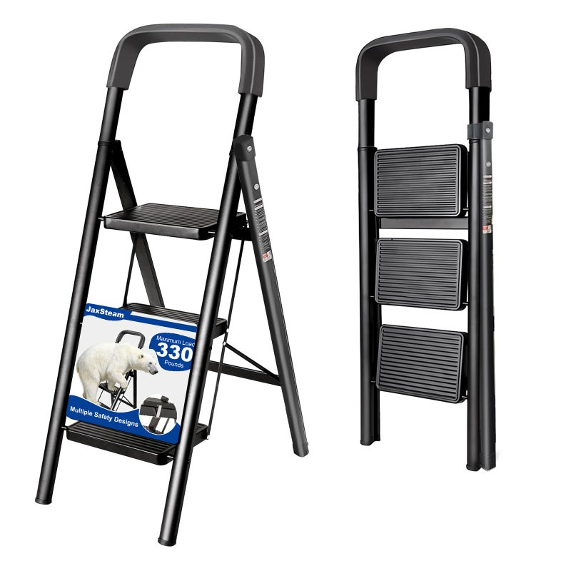 JaxSteam 3 Step Ladder with Handrails and Anti-Slip Wide Pedal 330lbs Capacity Lightweight Folding Step Stool for Home Kitchen Office(Black-F, 3-Step with Handrail) - Image 1