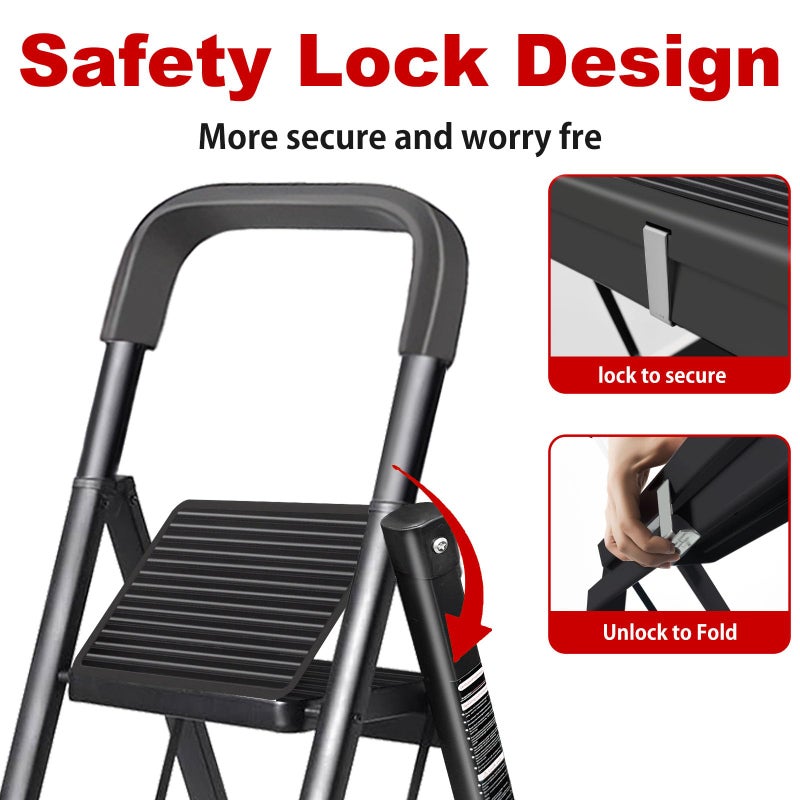 JaxSteam 3 Step Ladder with Handrails and Anti-Slip Wide Pedal 330lbs Capacity Lightweight Folding Step Stool for Home Kitchen Office(Black-F, 3-Step with Handrail) - Image 3