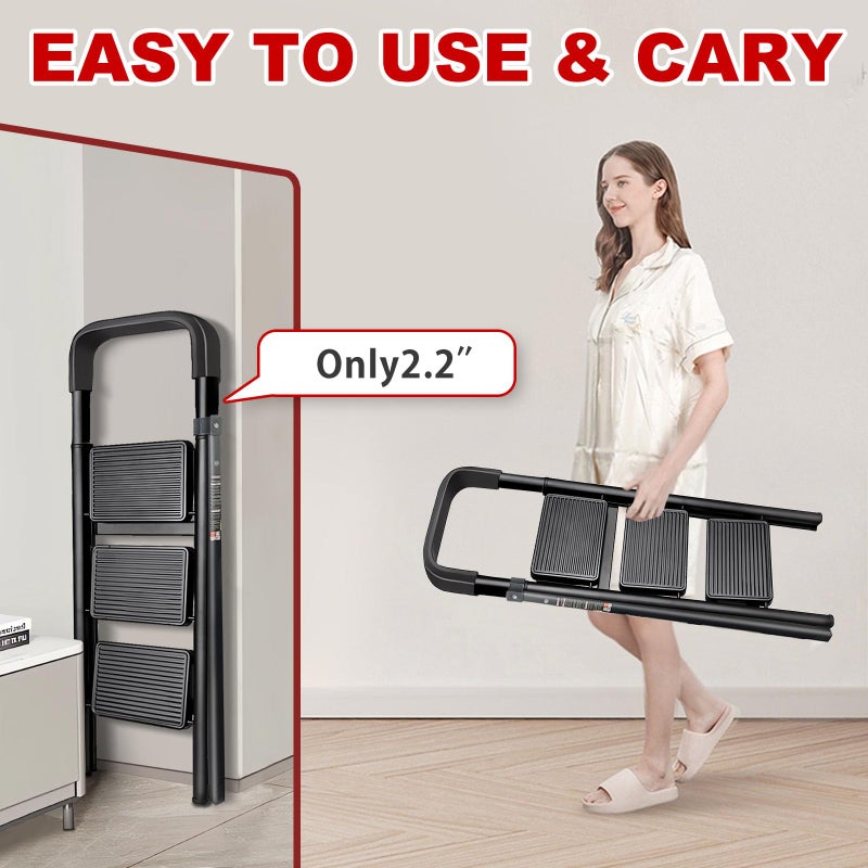 JaxSteam 3 Step Ladder with Handrails and Anti-Slip Wide Pedal 330lbs Capacity Lightweight Folding Step Stool for Home Kitchen Office(Black-F, 3-Step with Handrail) - Image 5