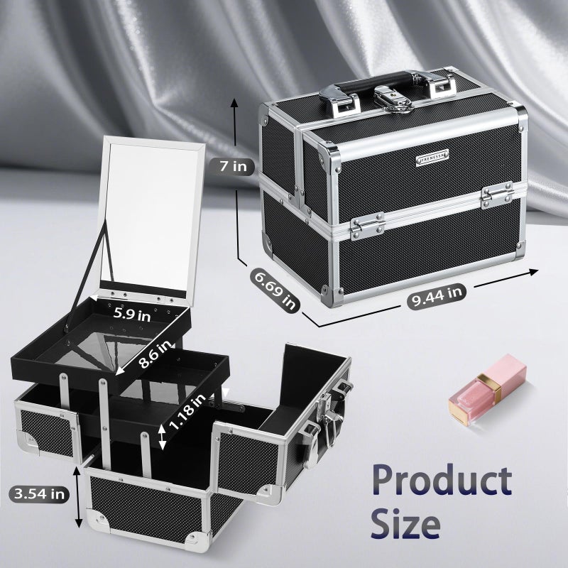 FRENESSA Makeup Case Organizer Cosmetic Box Storage Portable Makeup Train Case with Mirror 2 Trays Travel Vanity Box for Cosmetics Nail Kits Craft Tools Case Aluminum Hard Make Up Organizer Black - Image 5