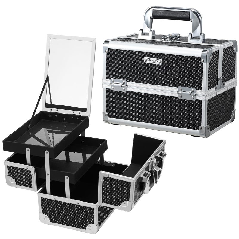 FRENESSA Makeup Case Organizer Cosmetic Box Storage Portable Makeup Train Case with Mirror 2 Trays Travel Vanity Box for Cosmetics Nail Kits Craft Tools Case Aluminum Hard Make Up Organizer Black - Image 1
