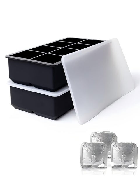 Ice Cube Tray, Ice Cube Maker (Pack of 2) - Flexible 8 Cavity Square Large Ice Cube Trays with Leak Proof Lid, Large Ice Cube Mold, Slow Melting Ice Cube for Chilling Cocktails, Drinks, Juice