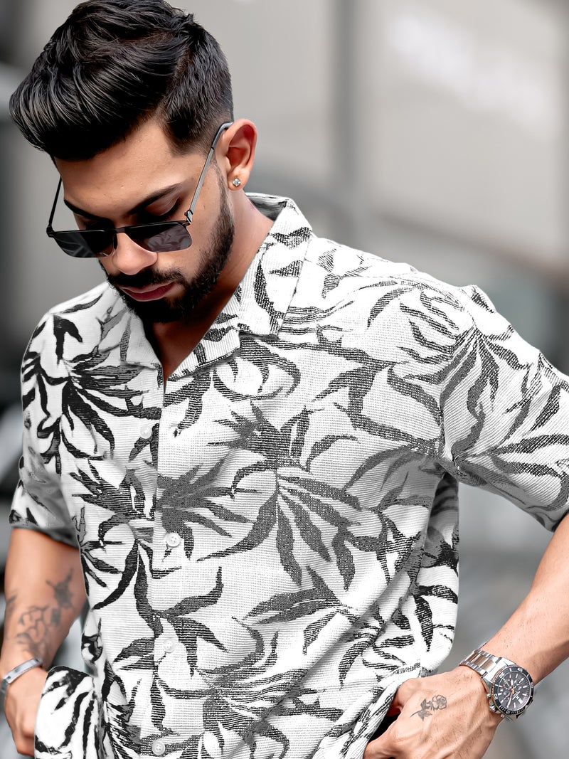 Maniac Mens Floral Collared Neck Half Sleeve Black Tweed Fabric Oversized Shirt - Image 1