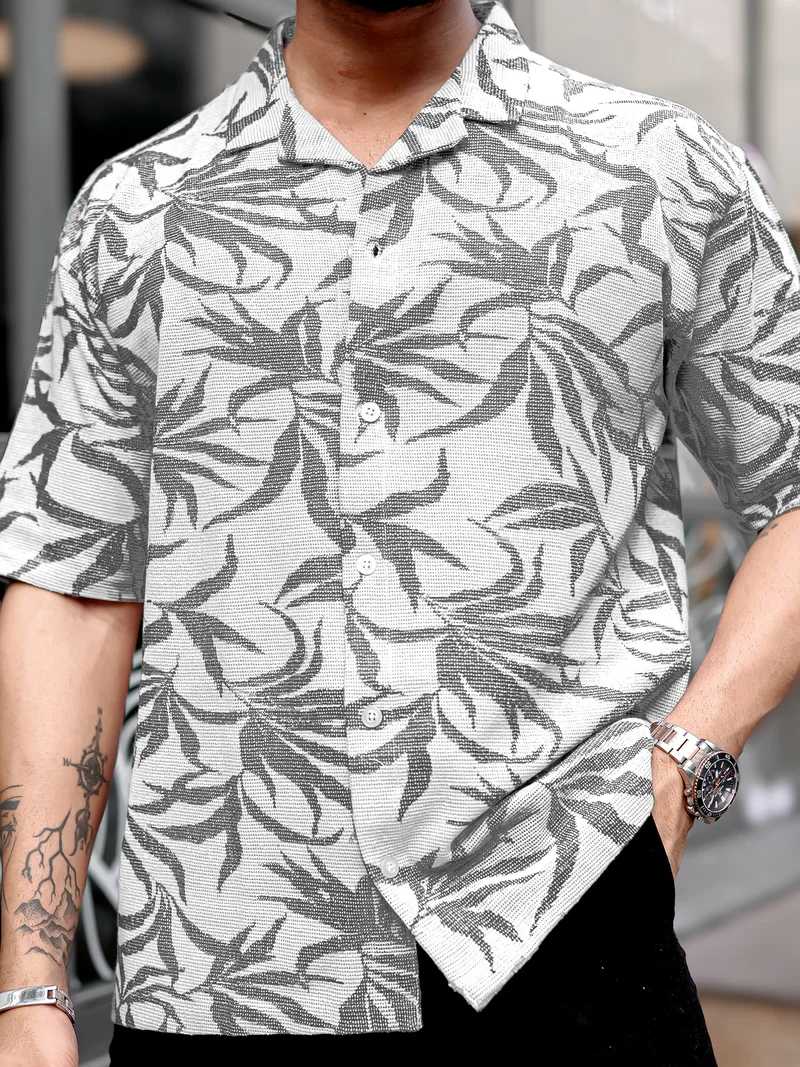 Maniac  Maniac Mens Floral Collared Neck Half Sleeve Black Tweed Fabric Oversized Shirt for Men | Best Price UAE