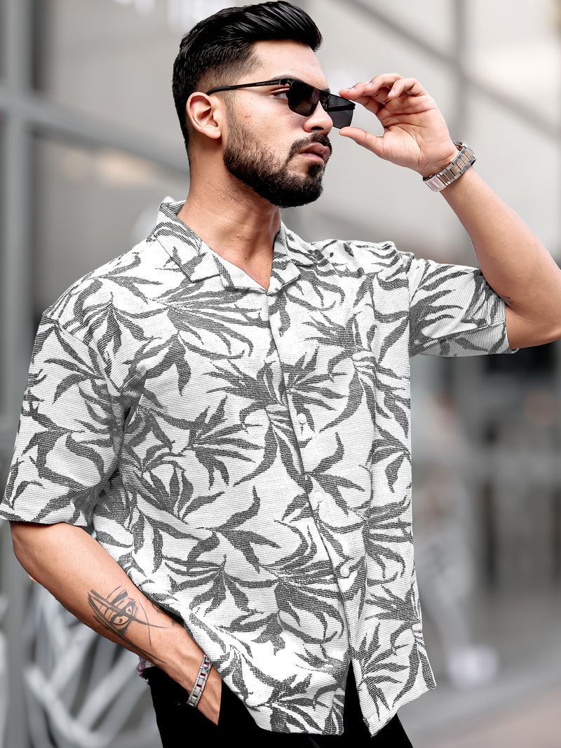 Maniac Mens Floral Collared Neck Half Sleeve Black Tweed Fabric Oversized Shirt - Image 4