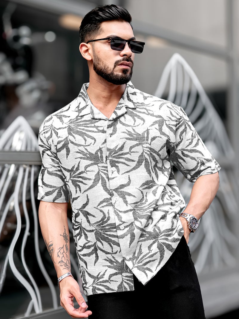 Maniac Mens Floral Collared Neck Half Sleeve Black Tweed Fabric Oversized Shirt - Image 2