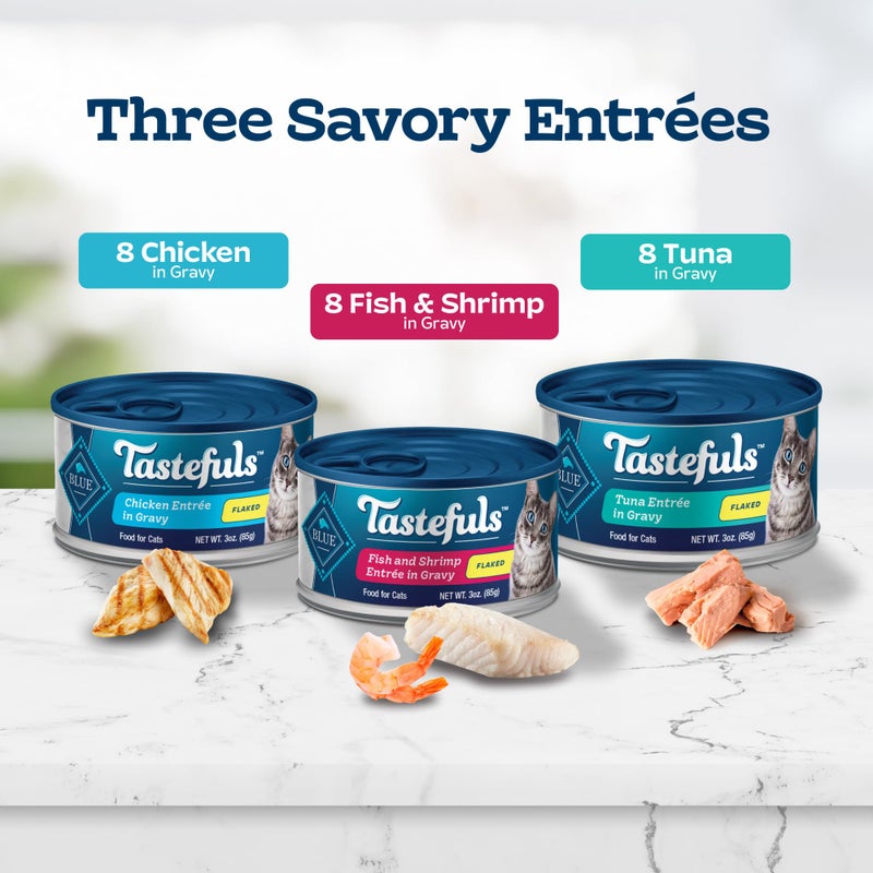 Blue Buffalo Tastefuls Flaked Wet Cat Food Variety Pack, Made with Natural Ingredients, Tuna, Chicken, Fish & Shrimp, 5.5-oz Cans (24 Count, 8 of Each) - Image 3