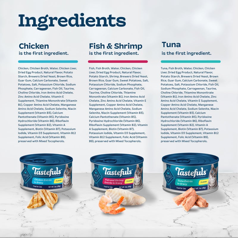 Blue Buffalo Tastefuls Flaked Wet Cat Food Variety Pack, Made with Natural Ingredients, Tuna, Chicken, Fish & Shrimp, 5.5-oz Cans (24 Count, 8 of Each) - Image 5