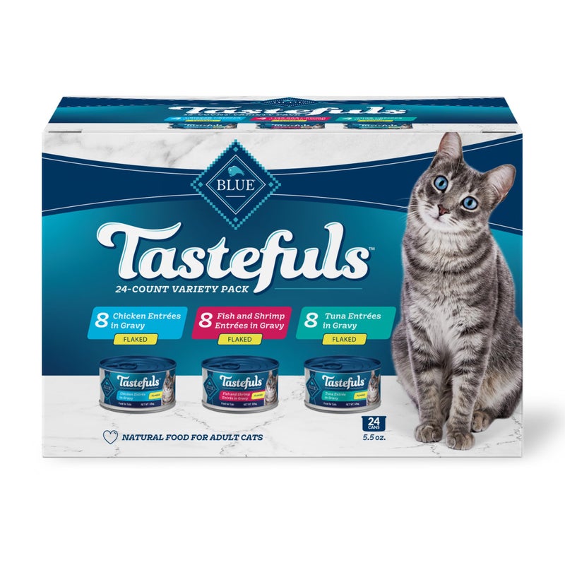 Blue Buffalo Tastefuls Flaked Wet Cat Food Variety Pack, Made with Natural Ingredients, Tuna, Chicken, Fish & Shrimp, 5.5-oz Cans (24 Count, 8 of Each) - Image 1