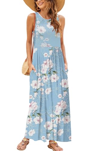 Hount Casual Summer Dresses for Graduation Party Womens Ladies Maxi Dress with Pockets Light Blue L - Image 1