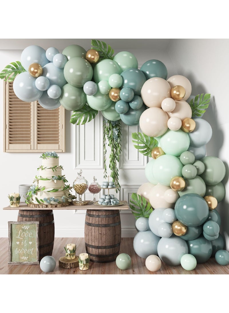 Dusty Blue Sage Green Balloon Arch Kit Slate Blue Pastel Green White Sand Gold Balloons Garland 98 Pcs Fog Blue Green Beige Balloon for Jungle Safari Birthday Baby Shower Wedding Party Decor - Image 1