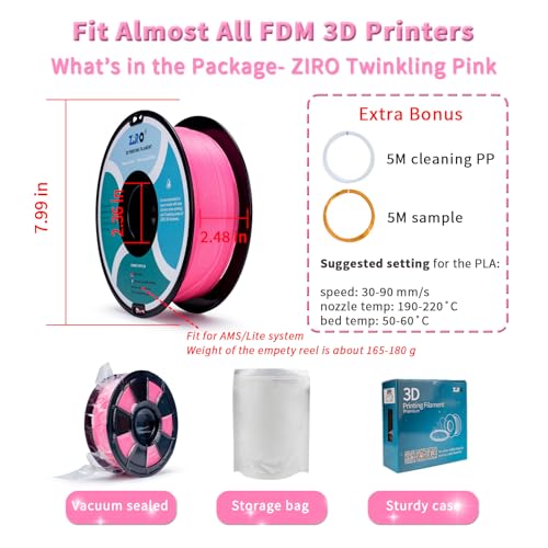 ZIRO Sparkle PLA Filament 1.75mm, Shiny Glitter with Transluent PLA Base, Twinkling 3D Printer Filament, Galaxy Colorful Printing Material, 1kg/2.2lbs Spool, Twinkling Pink - Image 5