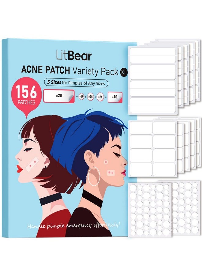 LitBear LitBear Large Pimple Patches, 5 Sizes 156 Patches Big Acne Patches, 60 XL Hydrocolloid Bandages for Full Face, Forehead, Chin, Nose, Body, Back, Neck & Chest, Stirp, Square Large hydrocolloid Patch  - Image 1