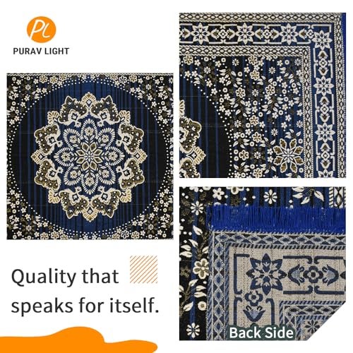 Purav Light Floral Design Cotton Carpet 5x7 feet for Living Room Bedroom Home Decor Carpets Mat (Blue Color) - Image 5