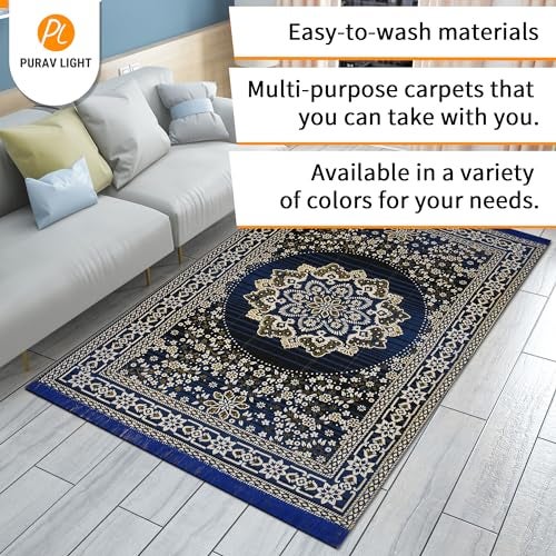 Purav Light Floral Design Cotton Carpet 5x7 feet for Living Room Bedroom Home Decor Carpets Mat (Blue Color) - Image 3