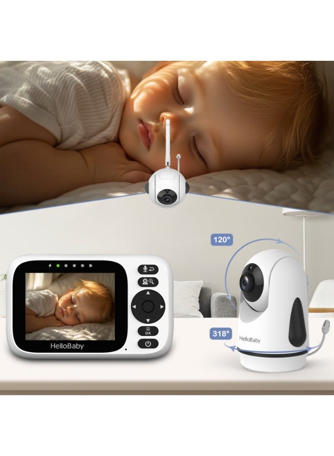 هالو بيبي جهاز مراقبة الأطفال بالفيديو طراز HB6339 2025 مع كاميرا عن بعد قابلة للإمالة والتكبير وشاشة LCD ملونة مقاس 3.2 بوصة، رؤية ليلية بالأشعة تحت الحمراء، عرض درجة الحرارة، تهويدة، صوت ثنائي الاتجاه - Image 3