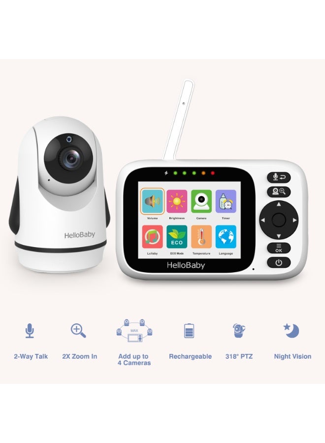 هالو بيبي جهاز مراقبة الأطفال بالفيديو طراز HB6339 2025 مع كاميرا عن بعد قابلة للإمالة والتكبير وشاشة LCD ملونة مقاس 3.2 بوصة، رؤية ليلية بالأشعة تحت الحمراء، عرض درجة الحرارة، تهويدة، صوت ثنائي الاتجاه - Image 2