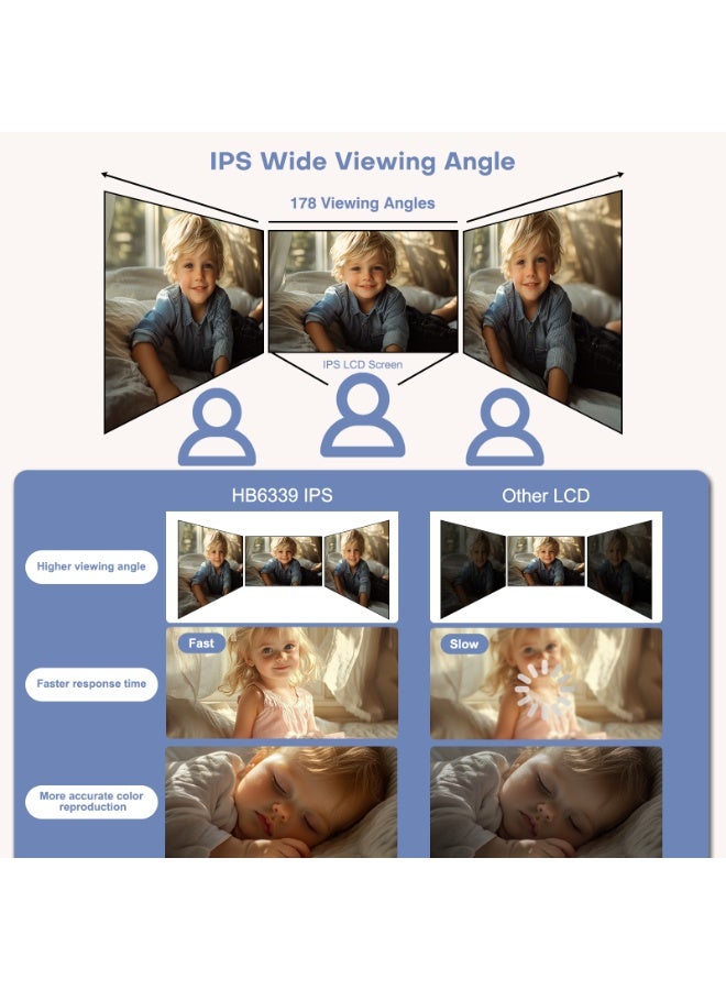 هالو بيبي جهاز مراقبة الأطفال بالفيديو طراز HB6339 2025 مع كاميرا عن بعد قابلة للإمالة والتكبير وشاشة LCD ملونة مقاس 3.2 بوصة، رؤية ليلية بالأشعة تحت الحمراء، عرض درجة الحرارة، تهويدة، صوت ثنائي الاتجاه - Image 4