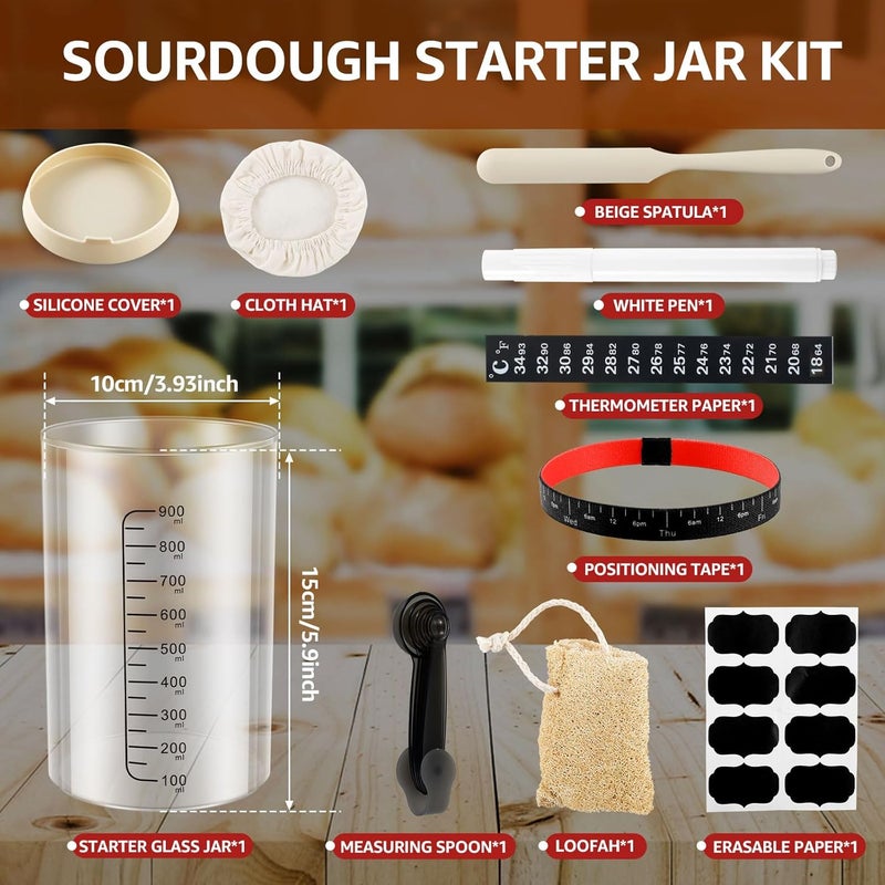 windforgecraft Sourdough Starter Jar Kit 1000ml Sourdough Starter Container Clear Sourdough Glass Jar with Silicone Lid Spatula Feeding Band Wide Mouth Glass Sourdough Fermentation Jar for Bread Baking (Style 3) - Image 5