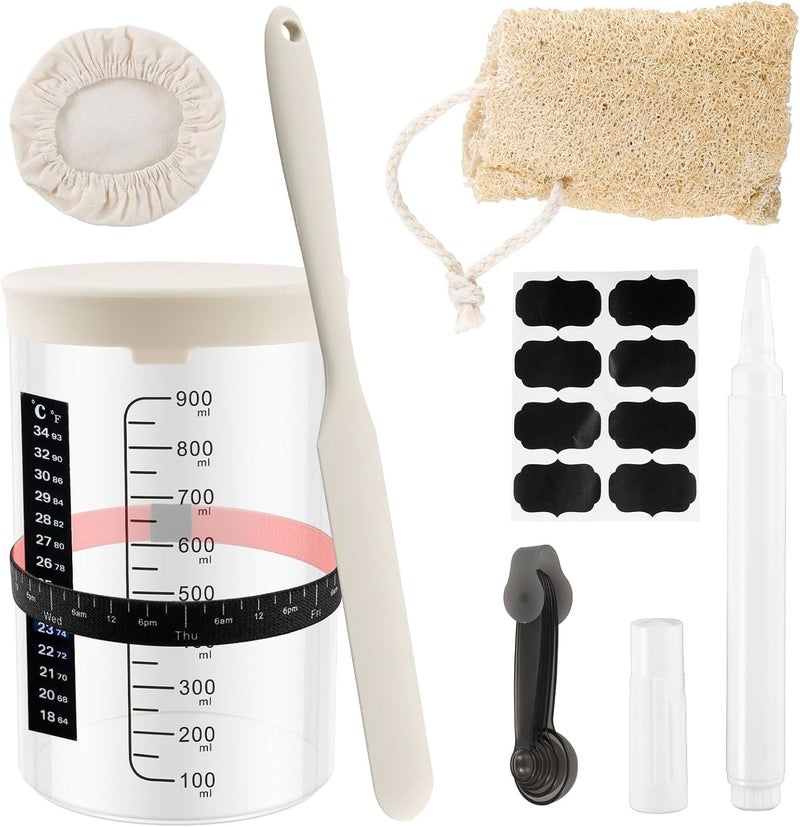 windforgecraft Sourdough Starter Jar Kit 1000ml Sourdough Starter Container Clear Sourdough Glass Jar with Silicone Lid Spatula Feeding Band Wide Mouth Glass Sourdough Fermentation Jar for Bread Baking (Style 3) - Image 1