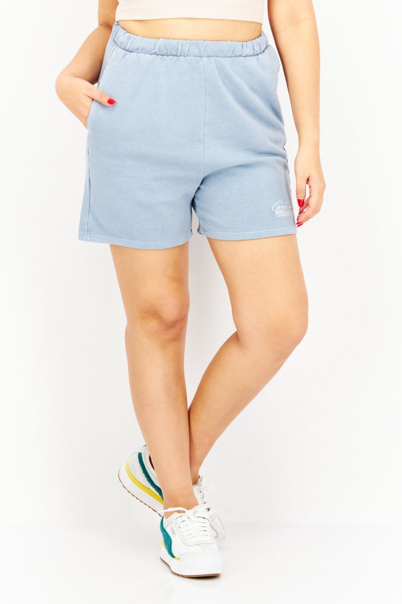 GUESS Women Embroidered Logo Drawstring Basic Shorts, Blue - Image 1