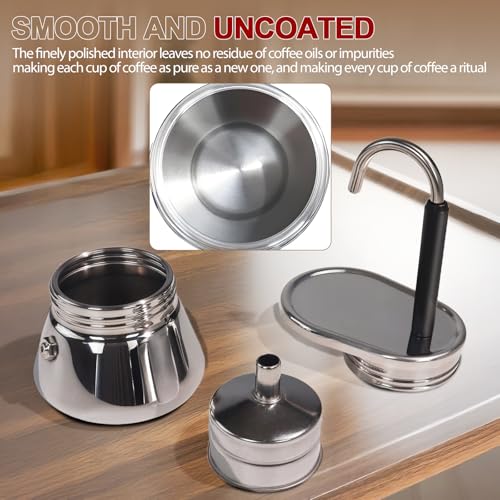 Mogrecha Uncoated 4 Cup Single Tube Moka Pot 304 Thickened Stainless Steel Mini Coffee Maker Stovetop Espresso Coffeemaker Italian Classic Style Brewing Greca Cafe Mocha for Camping Travel Home 310ml - Image 3